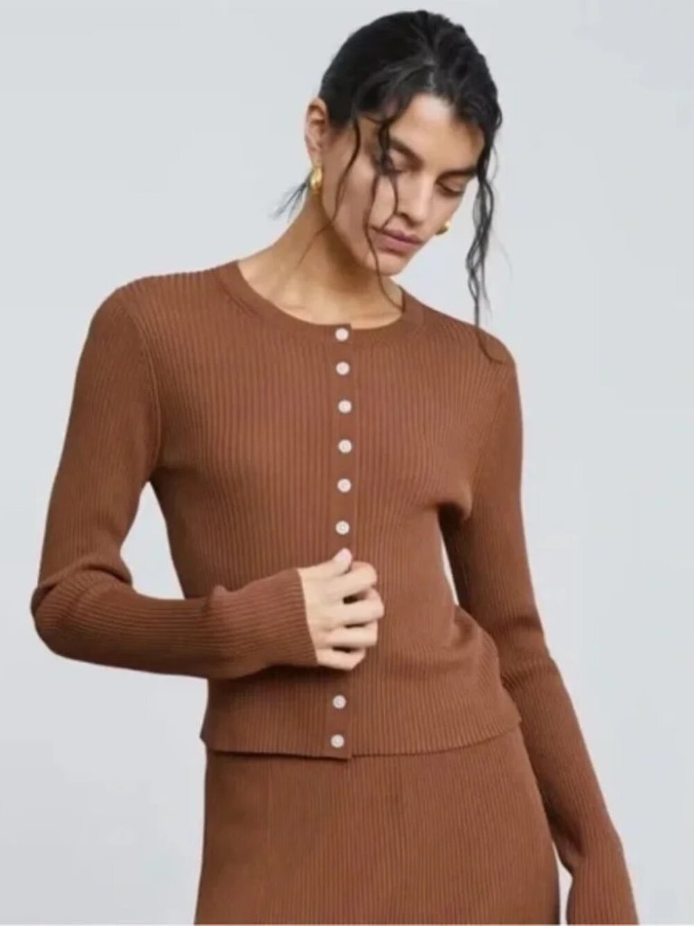 Everlane Ribbed Cropped Cardigan in Cocoa Brown Fitted Size Medium
